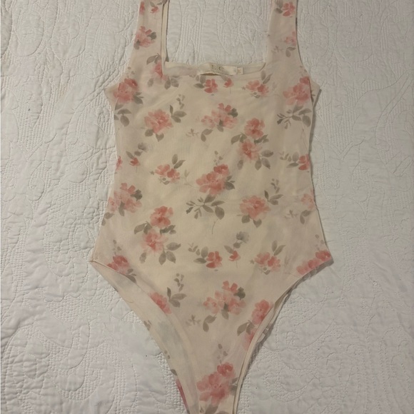 Lizette Collection Tops - Lizette Collection mesh Floral Pink Cream One-Piece bodysuit size Medium